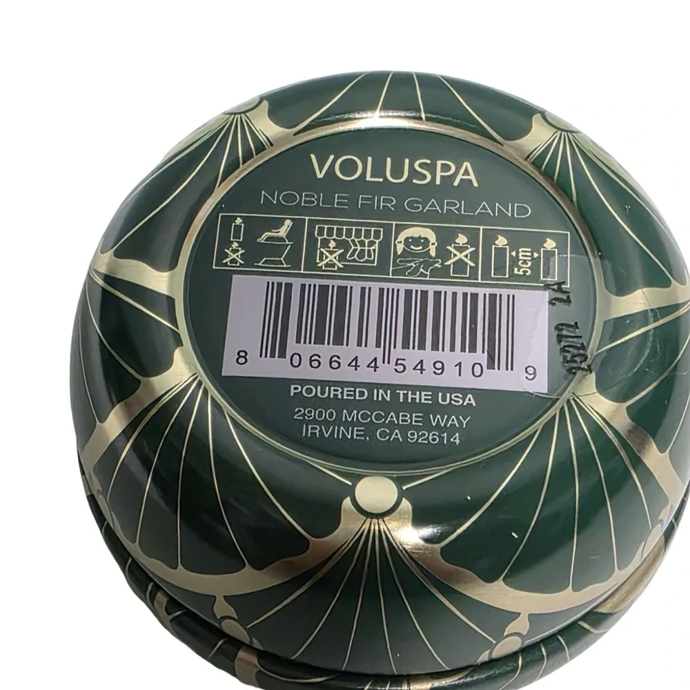 Voluspa Noble Fir‎ Garland Mini Tin Coconut Wax Candle 0.9oz Green Gold Art Deco
